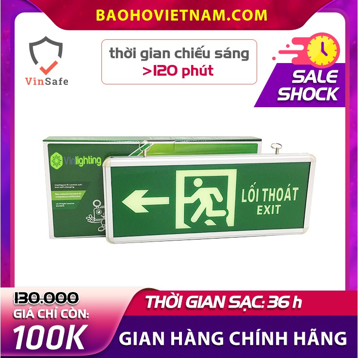 Đèn exit chỉ dẫn thoát hiểm đi bên trái, thời gian chiếu sáng > 120 phút, tiết kiệm điện, bảo hành 6 tháng