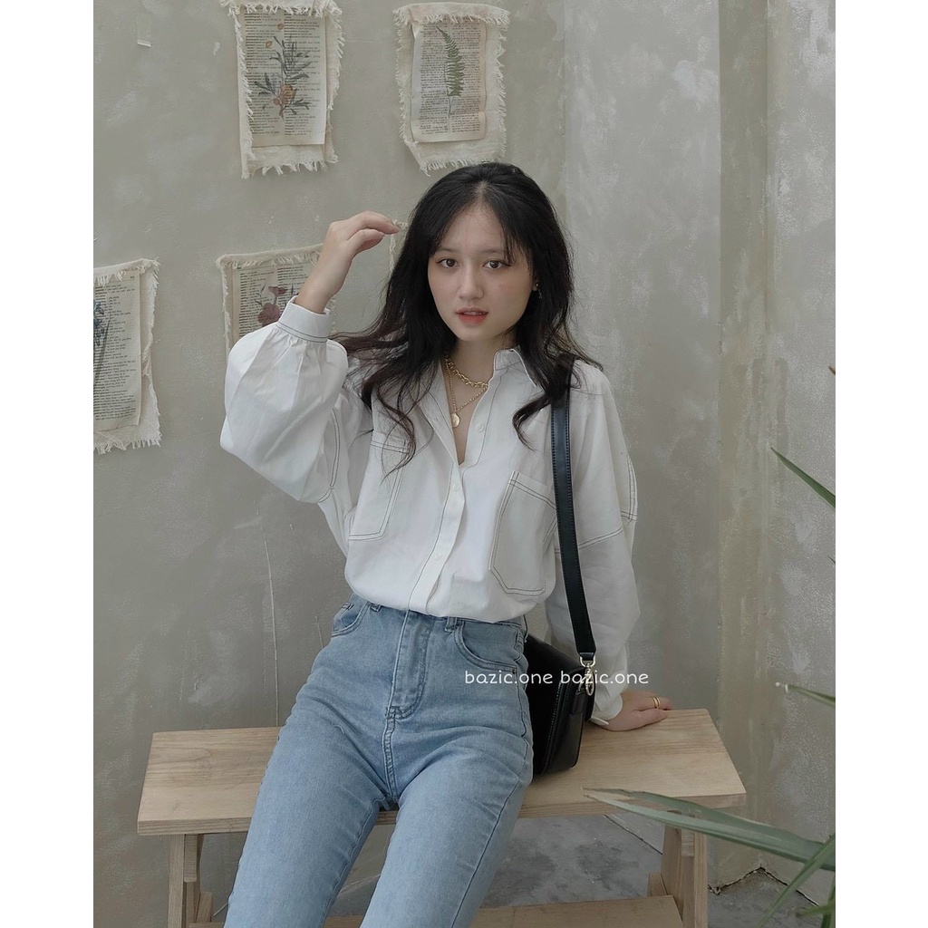 Áo sơ mi nữ đi học dài tay cổ bẻ basic form rộng vừa - Sơ mi đi học sinh nữ tay dài phối viền chỉ lonakeng shop A8501