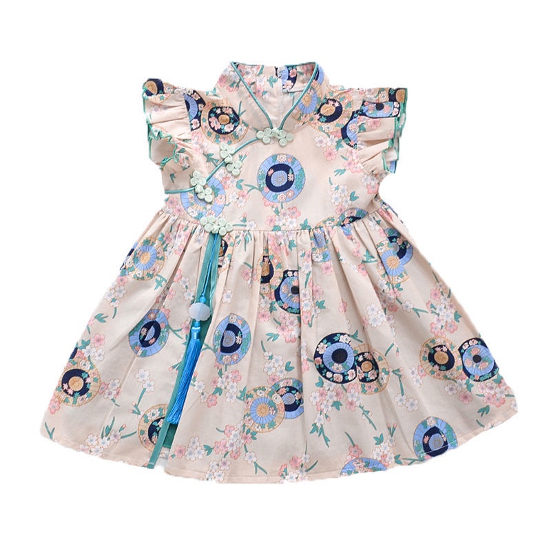 Đầm Hán Phục Tay Ngắn Viền Bèo Phong Cách Trung Hoa Thời Trang Cho Bé Gái 2022 yards 80-130 Yard