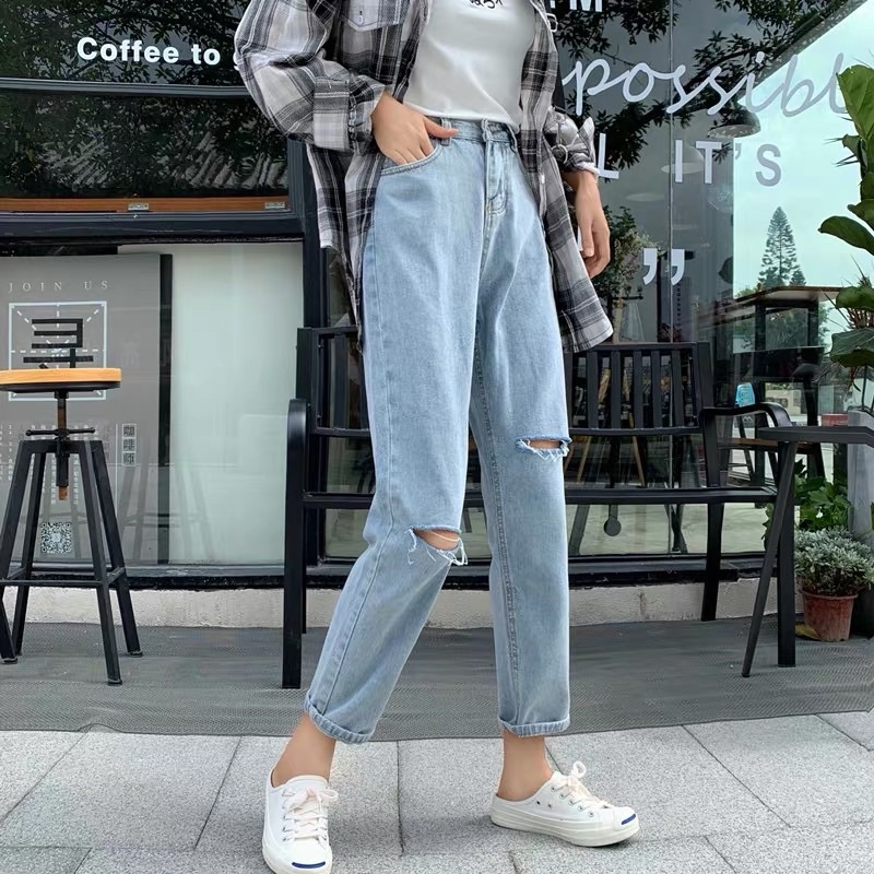 Quần Baggy Jean Rách Gối Nữ Có Bigsize Lưng Cao
