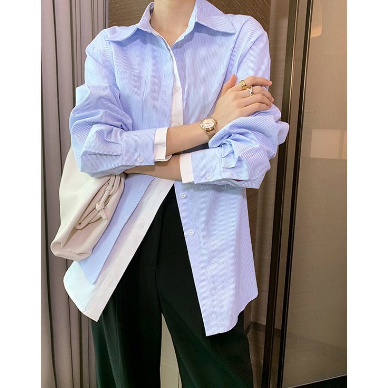 Áo sơ mi IELGY dài tay họa tiết kẻ sọc phong cách hồng kông thời trang cho nữ