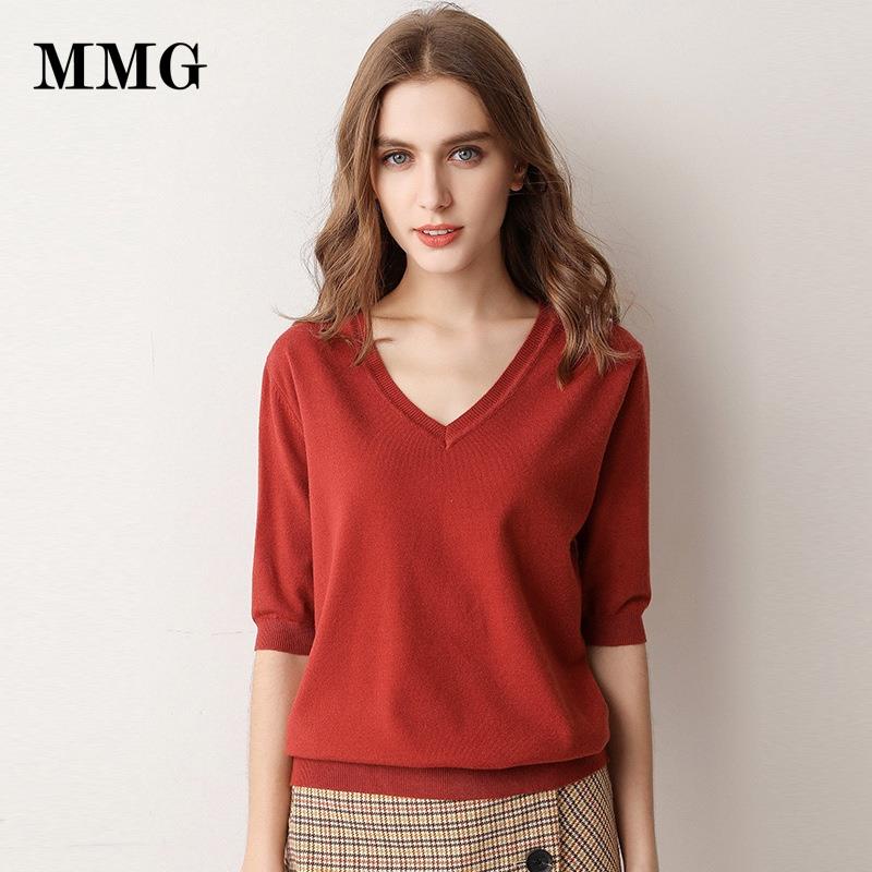 Mmg❃△Áo Thun Dệt Kim Tay Lỡ Cổ Chữ V Dáng Rộng Thời Trang Cho Nữ