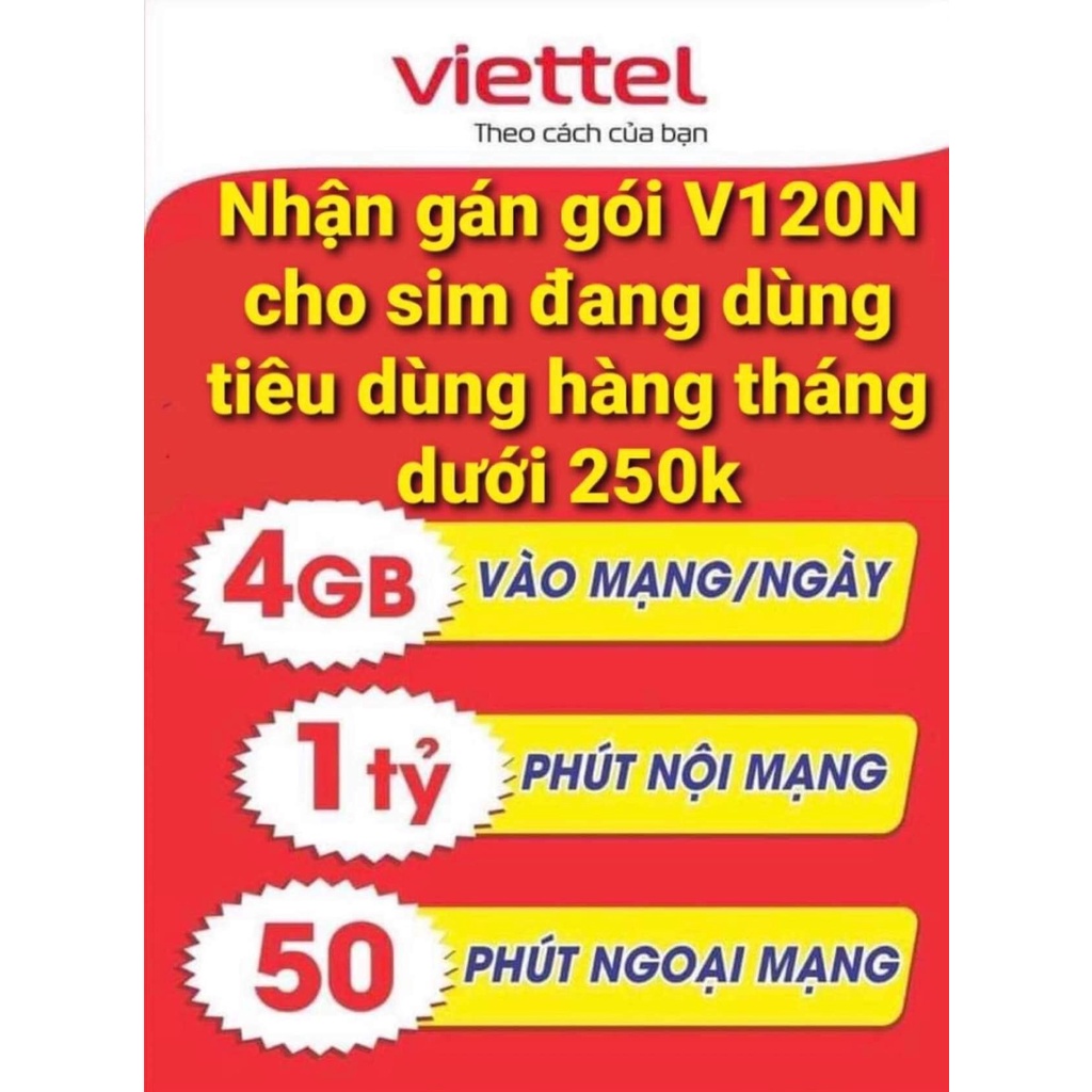 Sim 4G Viettel V120N khuyến mại 120GB , Chọn số - Free gọi nội mạng, ngoại mạng 50p