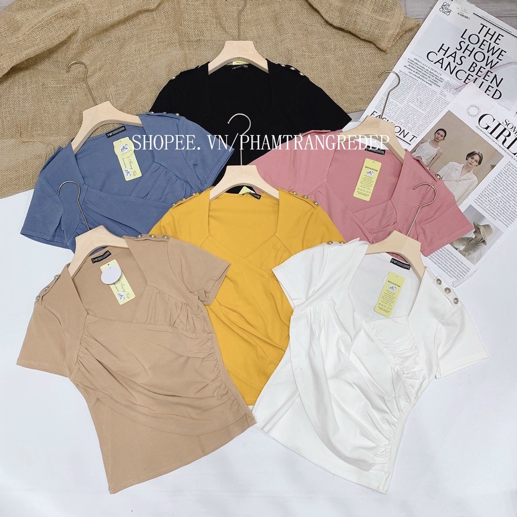 Áo thun kiểu cổ vuông cộc tay rúm ngực rúm sườn vai đính cúc, Áo kiểu ngắn tay xoắn ngực dáng ôm body