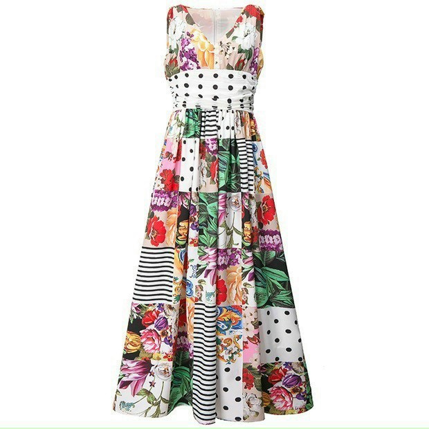 HÀNG QC - ĐẦM XÒE MAXI LỤA HOA CHẤM BI CỔ V CAO CẤP