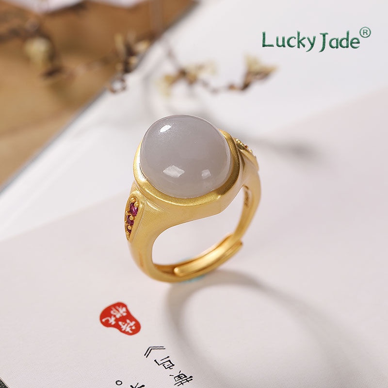 Nhẫn Hở Mạ Bạc 925 Đính Đá Ngọc Bích Nhân Tạo Phong Cách Cổ Điển Có Thể Điều Chỉnh