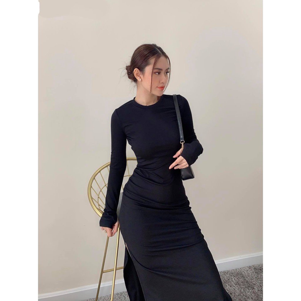 Đầm body tay dài xẻ tà bên có 3 màu đen- nâu -xámchất thun borip co giãn tốt, váy body nữ cổ tròn MIDORI247