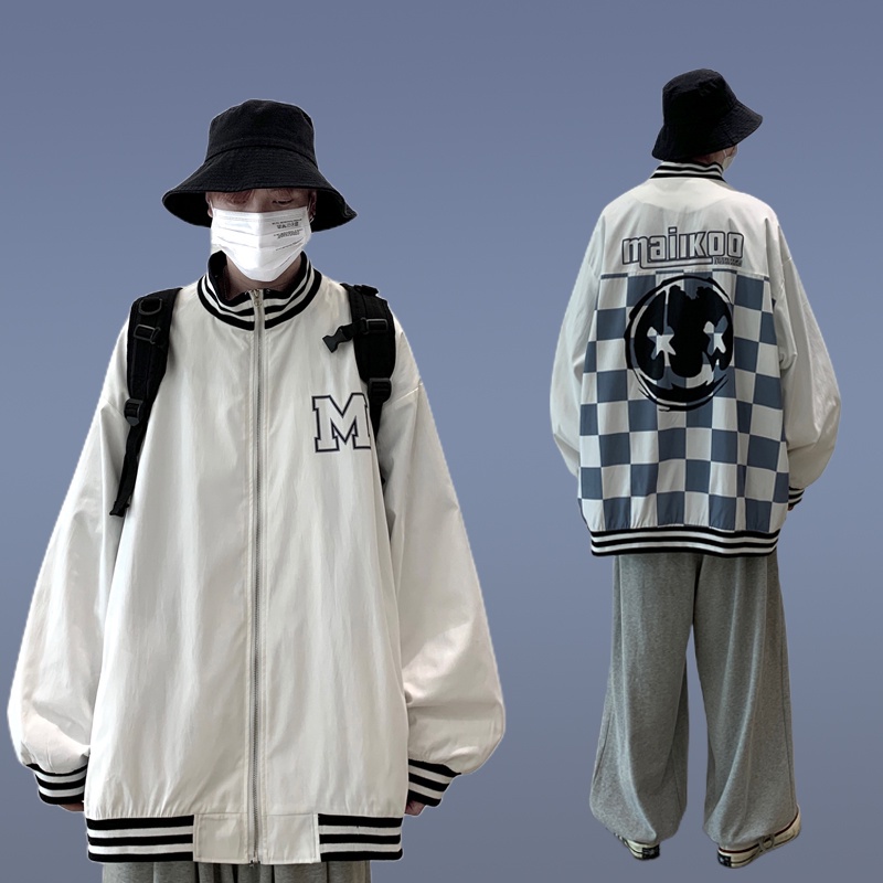 ✦AFFLIGA✦ Áo Khoác Bóng Chày Cổ Đứng Dáng Rộng In Họa Tiết Caro Phối Khóa Kéo Kiểu hip-hop Đường Phố Hàn Quốc Thời Trang Xuân Thu Cho Nam