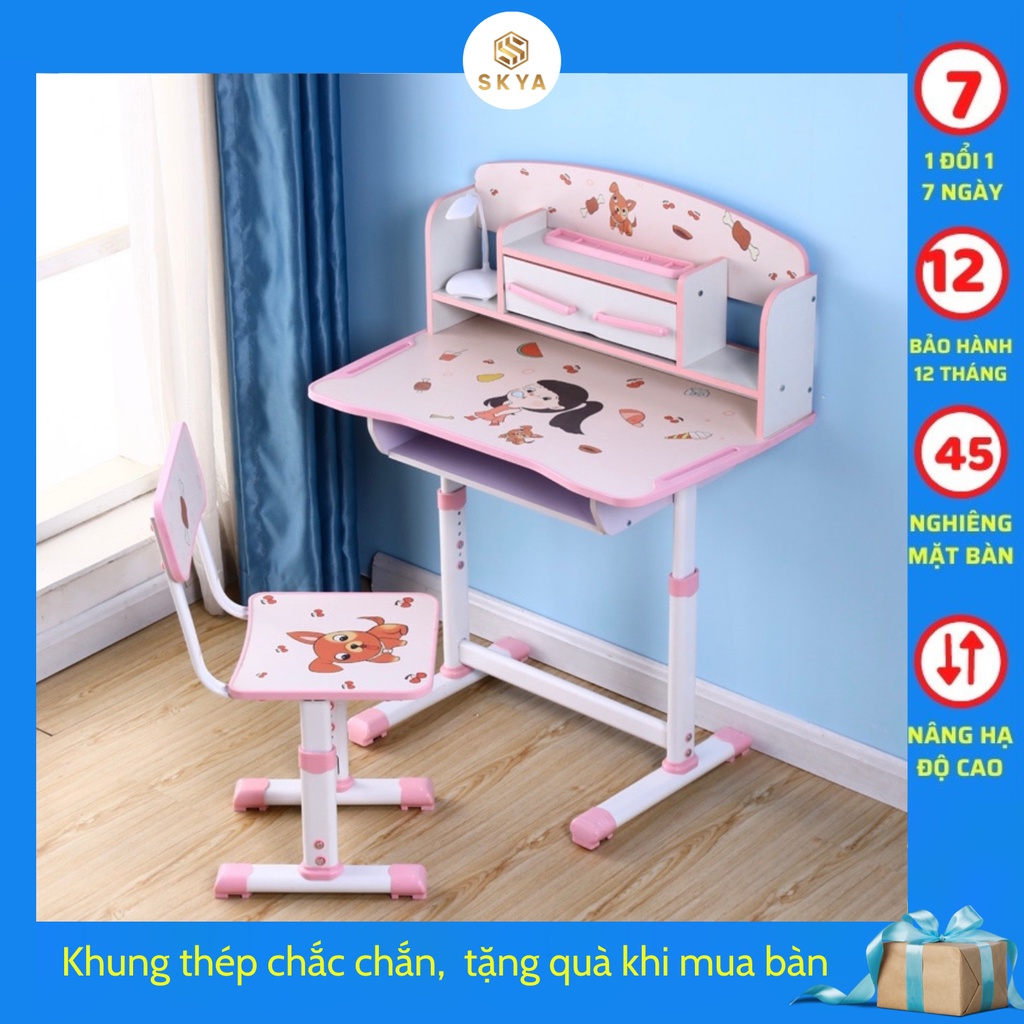 Bộ bàn học sinh SKYA C032 bàn học thông minh cho bé chống cận chống gù điều chỉnh được độ cao có giá sách ngăn đựng đồ