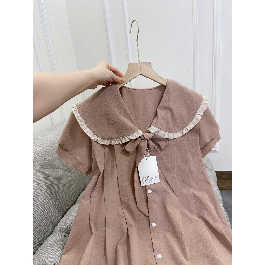 Đầm Suông Nữ,Váy suông baby doll nâu đuôi cá cổ nơ Xịn Xò Chất Đũi