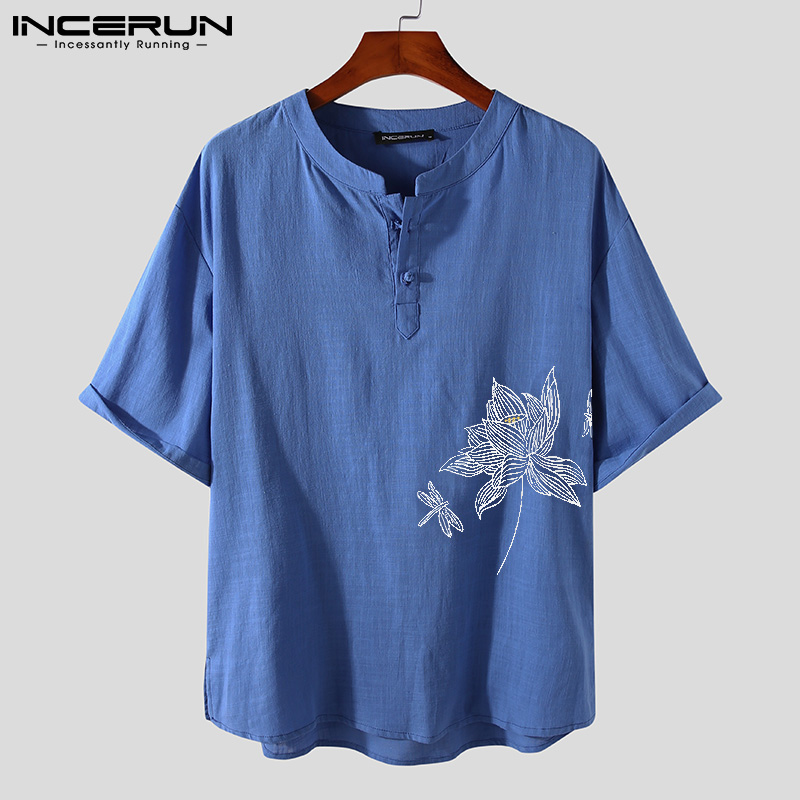 Áo sơ mi INCERUN kiểu Trung Quốc in hoa cho nam cổ điển tay lửng | BigBuy360 - bigbuy360.vn