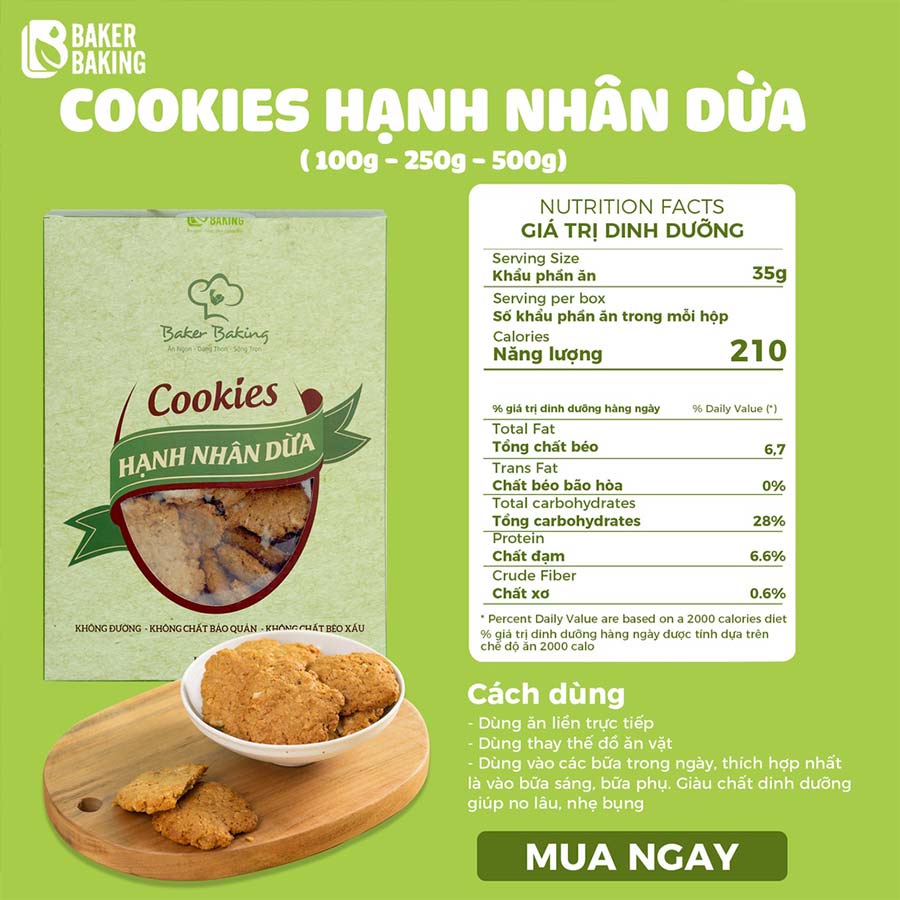 Bánh quy hạnh nhân vị dừa, bánh quy ăn kiêng, giảm cân Baker Baking