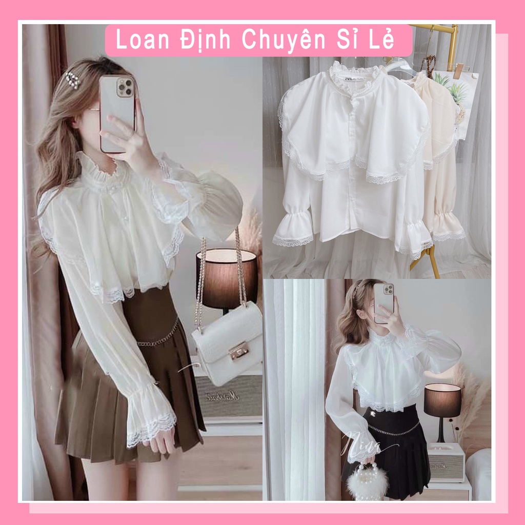 Áo sơ mi bèo ren áo sơ mi tiểu thư viền ren LD0403