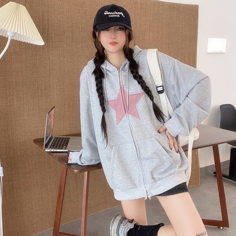 ZHELIHANGFEI Áo Khoác Hoodie Tay Dài Có Khóa Kéo Đôi Phong Cách Preppy Mỹ