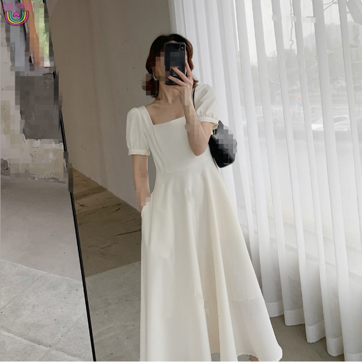 Đầm Đen Tay Ngắn Phồng Cổ Vuông Phong Cách Hepburn Dành Cho Nữ