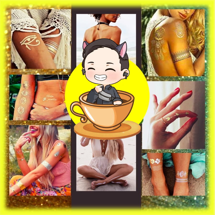 Hình xăm vàng bạc ánh kim, golden hoa văn dán tay, chân tham gia đi lễ hội, rave, music festival biển