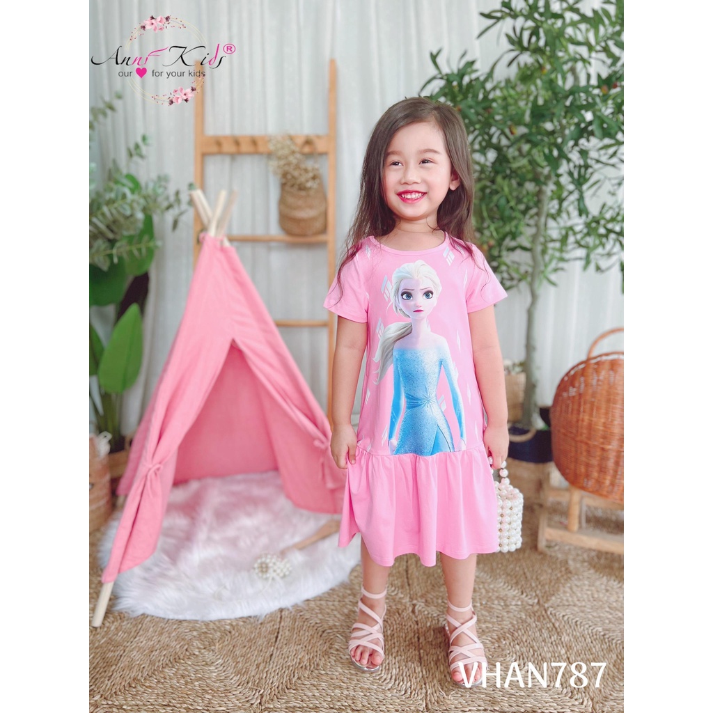 Váy bé gái chất cotton mịn in elsa 3D.dáng váy suông đuôi cá siêu xinh