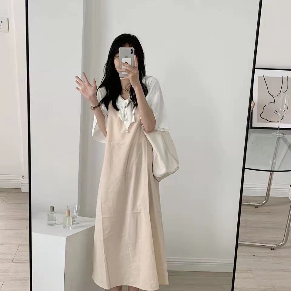 Set áo sơ mi + đầm yếm thắt nơ Perty thời trang Hàn Quốc xinh xắn cho nữ