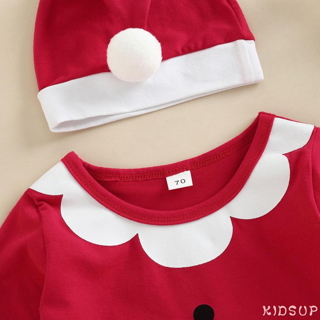 Kidsup1-bộ Áo Liền Quần Tay Dài Cổ Thuyền Kẻ Sọc Chắp Vá / Không Bàn Chân Kèm Mũ Giáng Sinh Cho Bé