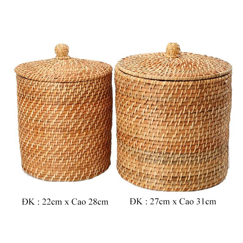 Sọt đựng quần áo mây tre đan BAMBOOO ECO giỏ hình trụ có nắp đựng gạo, cắm hoa trang trí nhà cửa
