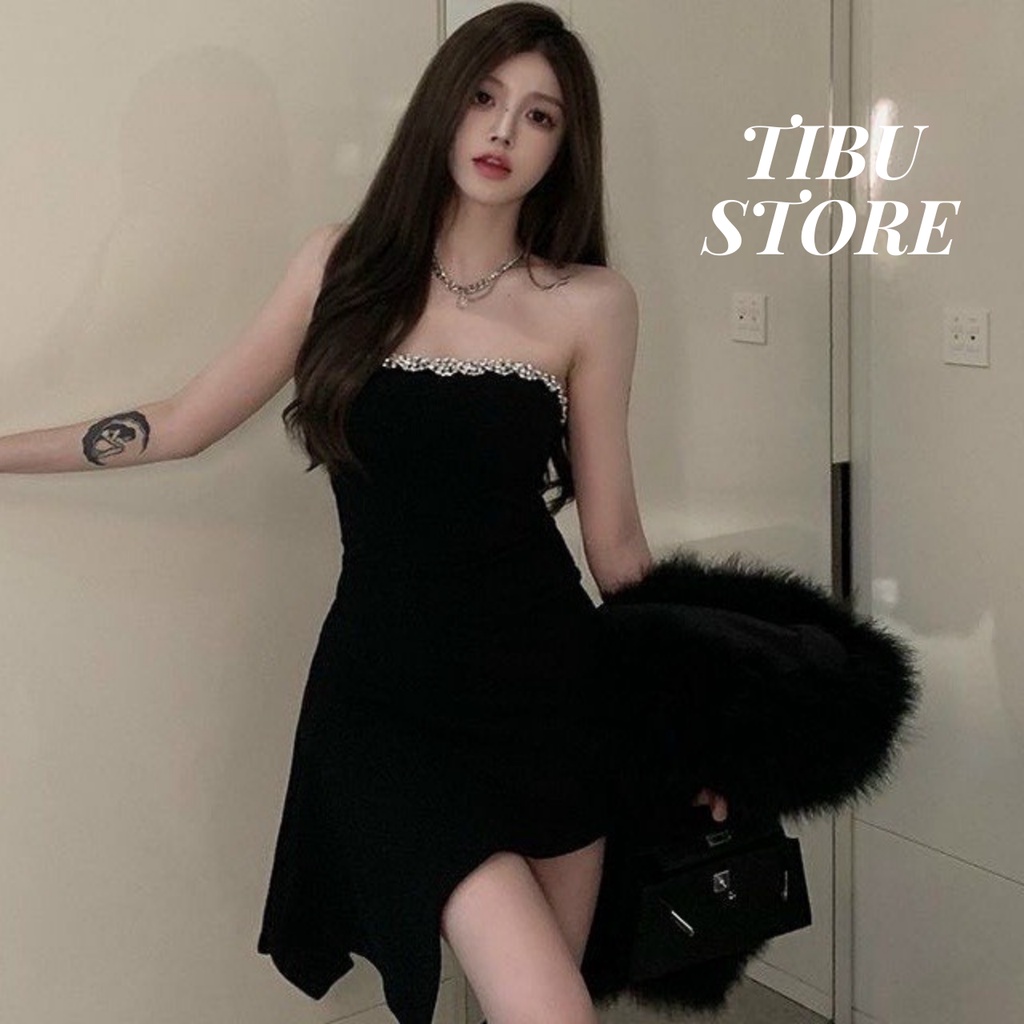 Đầm ống nữ đen ôm lệch tà Tibu, váy quây ngực phối dây ngọc khoá kéo lưng dáng ngắn dự tiệc đi chơi