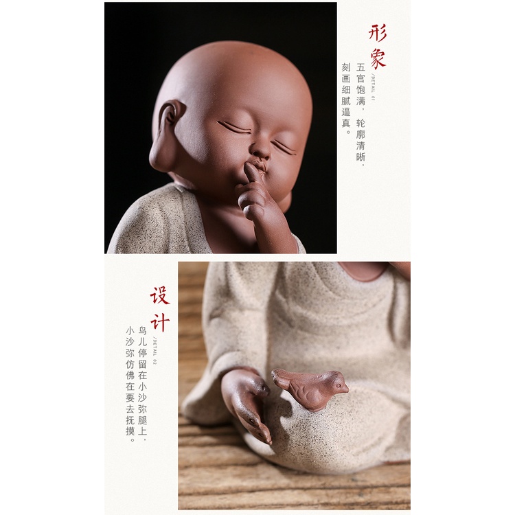 Tượng chú tiểu chơi chim gốm tử sa- Tượng gốm tử sa trang trí bàn trà phối lũa tiểu cảnh bonsai- tượng decor
