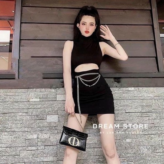 Đầm ba lỗ body khoét eo dây xích cực xinh , chất thun bozip mềm mịn
