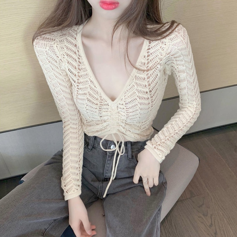 Brroa Áo Croptop Đan Móc Dáng Ôm Khoét Rỗng Thanh Lịch