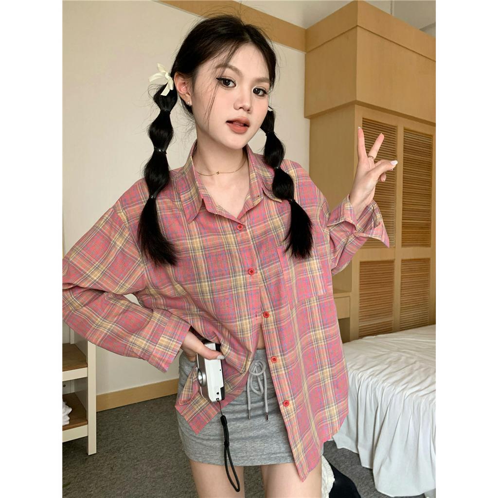 Lalisas Set Áo Sơ Mi Tay Dài Dáng Rộng Kẻ Sọc Caro + Áo Dây Treo Cổ Không Tay Cho Nữ (Đặt Hàng Riêng Biệt)