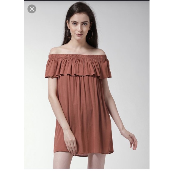 Off shoulder A rufffled cami dress F21 vnxk đầm suông bẹt vai rũ bèo chất linen đũi forever 21 xuất khẩu dư xịn