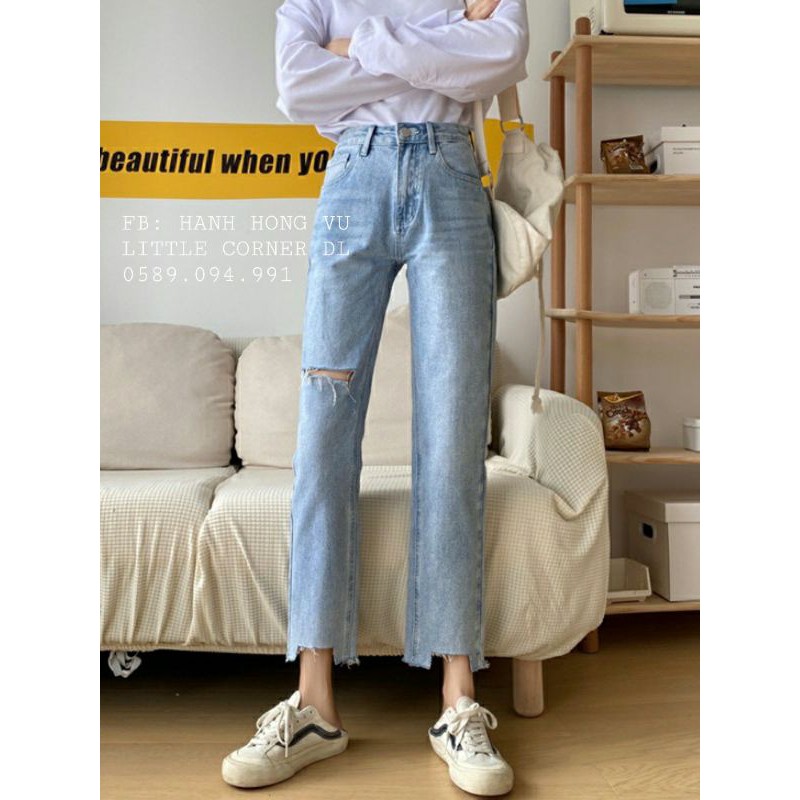 Quần slim baggy jean🔝 FREESHIP🔝Baggy Jean  ống suông xanh rách gấu đùi kiểu lưng cao ulzzang quảng châu kèm ảnh thật