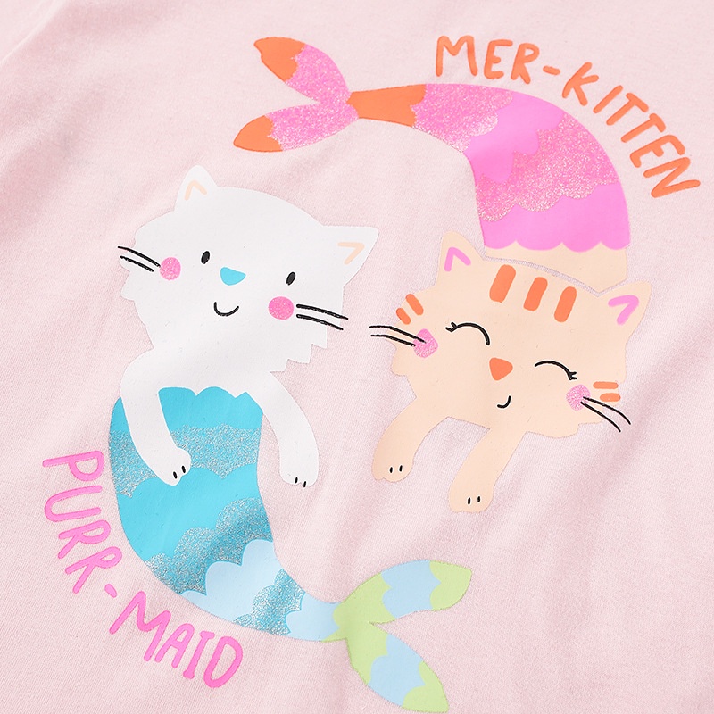 Áo Thun Tay Ngắn Cổ Tròn Chất Liệu Cotton In Hình Mèo Dễ Thương Cho Bé Gái