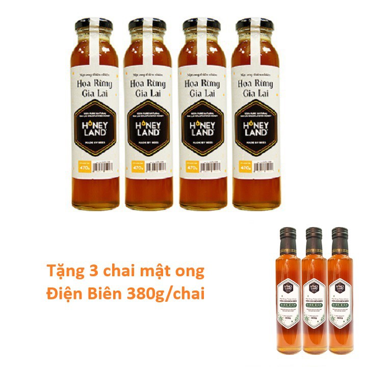 [Mật ong HONEYLAND] - Combo 4 chai mật ong Gia Lai (470g/chai) Tặng 3 chai Mật ong Điện Biên(380g/chai)