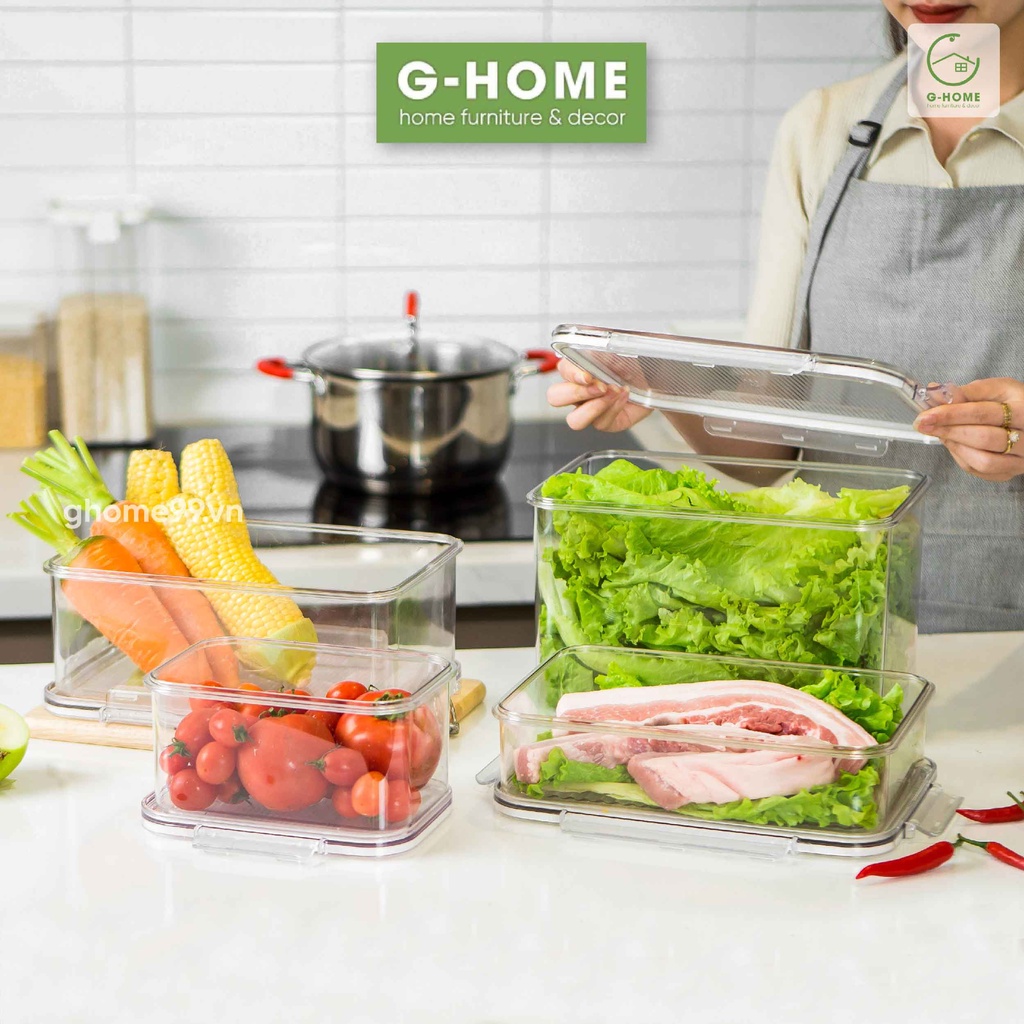 Combo hộp nhựa đựng thực phẩm tủ lạnh có nắp Ghome, hộp bản quản thức ăn trữ đông trong suốt nắp kín COMBO HB21M1