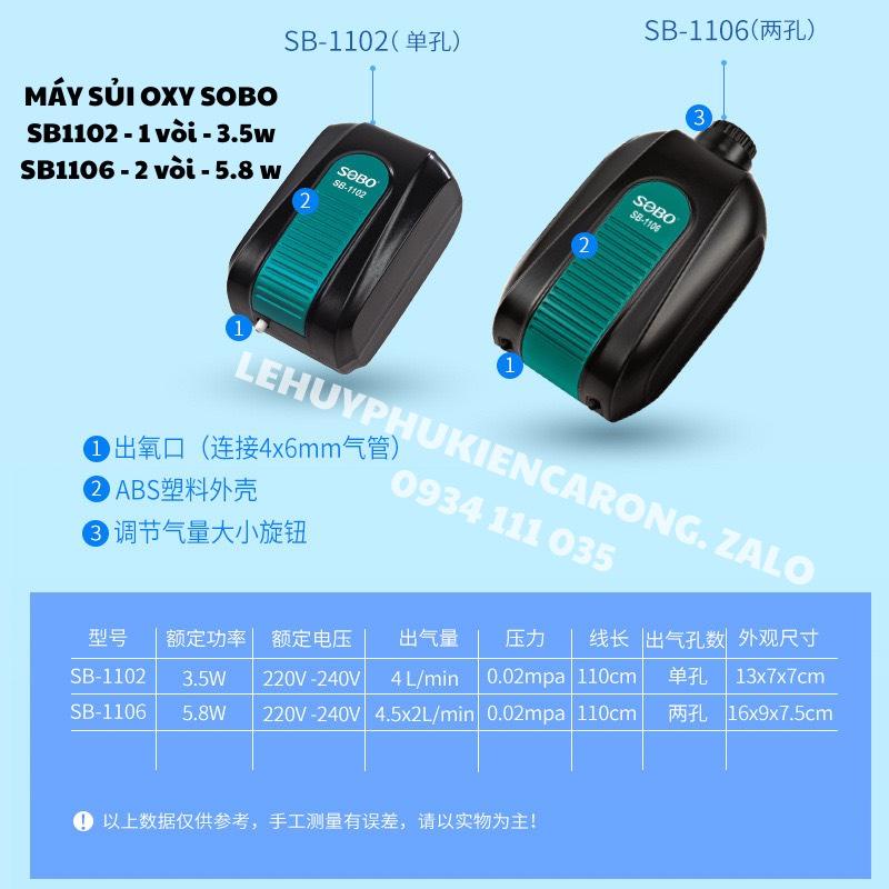 Máy Sủi Oxy Bể Cá SOBO SB-2800, SB-1102 1 vòi và SB-1106 2 vòi chạy siêu êm (chọn combo kèm phụ kiện dây+quả sủi)