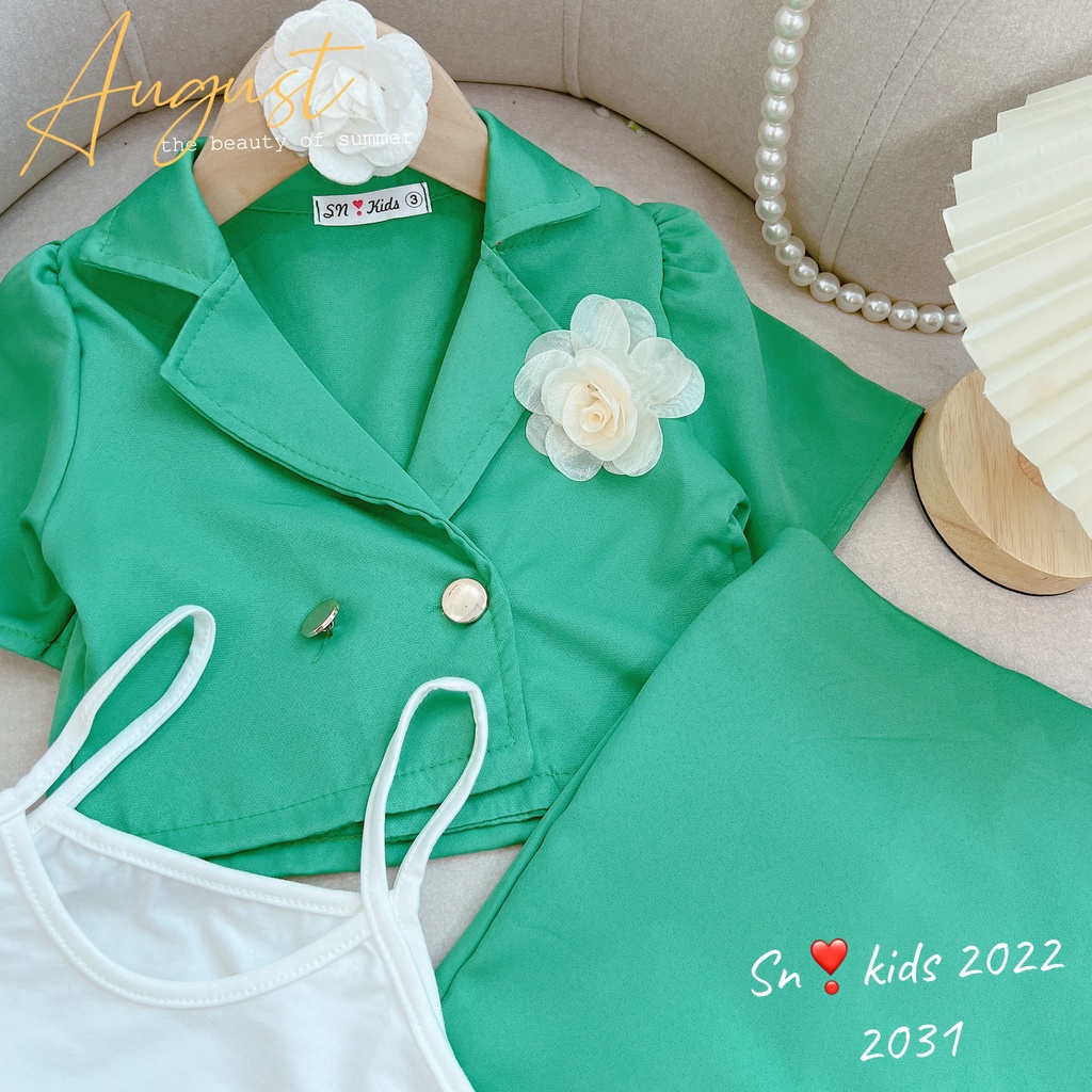 Set vest 3ct đính hoa trà bé gái