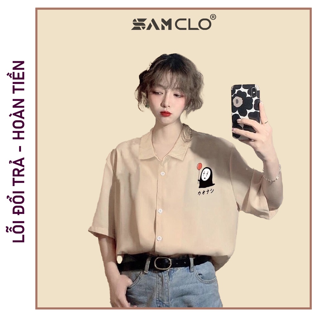 Áo sơ mi nữ cổ bẻ tay ngắn phong cách ulzzang dáng unisex freesize form rộng in hình VÔ DIỆN màu nude