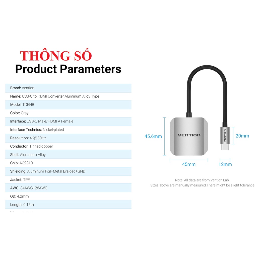 Đầu chuyển cổng type-C male ra HDMI female Vention TDE (15cm)