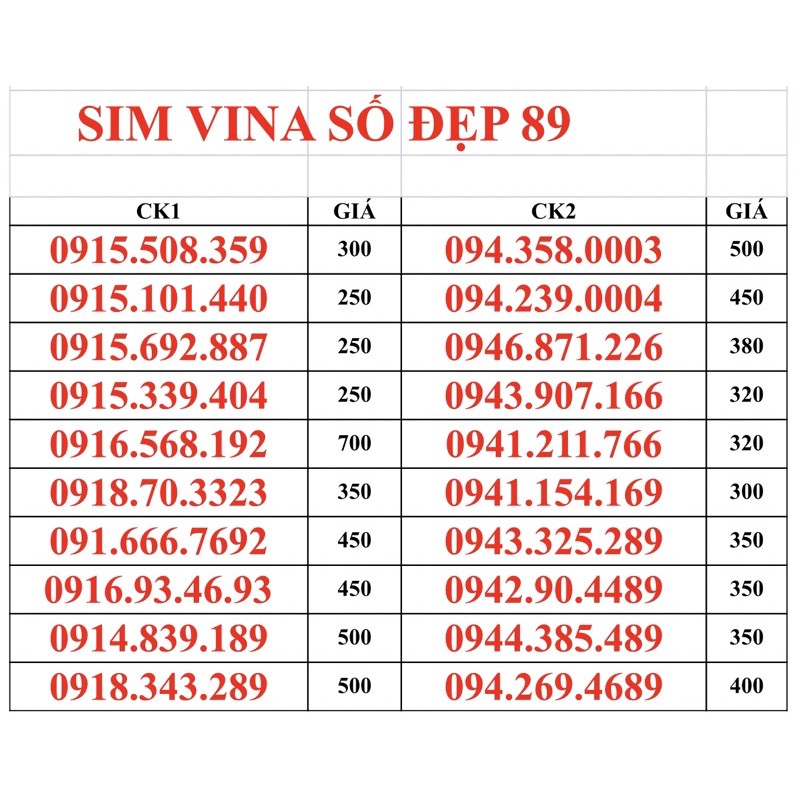 Sim Vina Số Đẹp 89, số tiến. Đăng ký chính chủ miễn phí