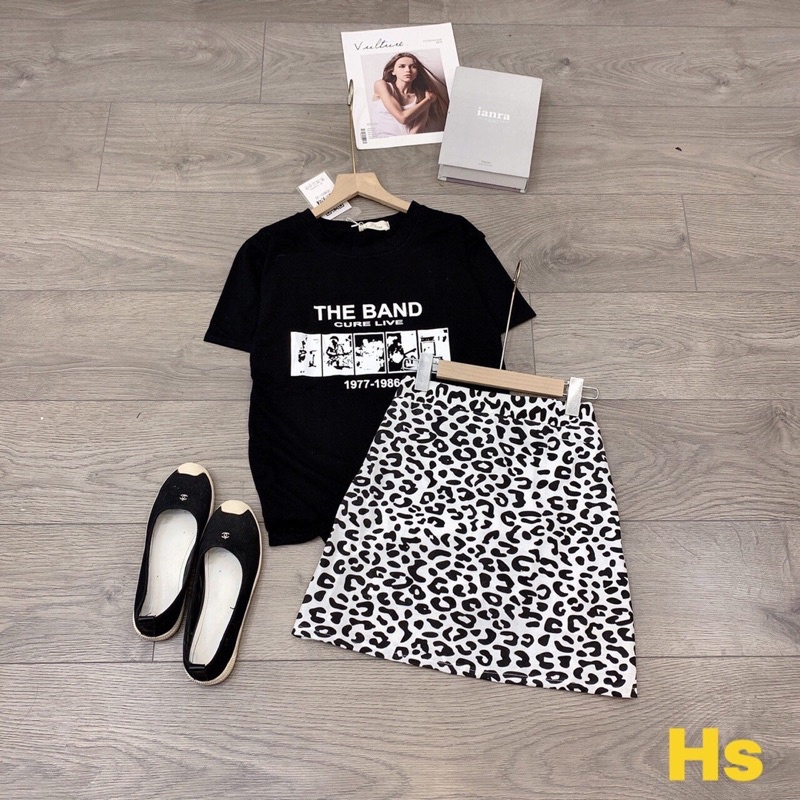 Set Bộ Áo Thun The Band  Mix Chân Váy Hoạ Tiết Da Báo Cá Tính Chất Cotton Có Ảnh Thật Và Video M.Store
