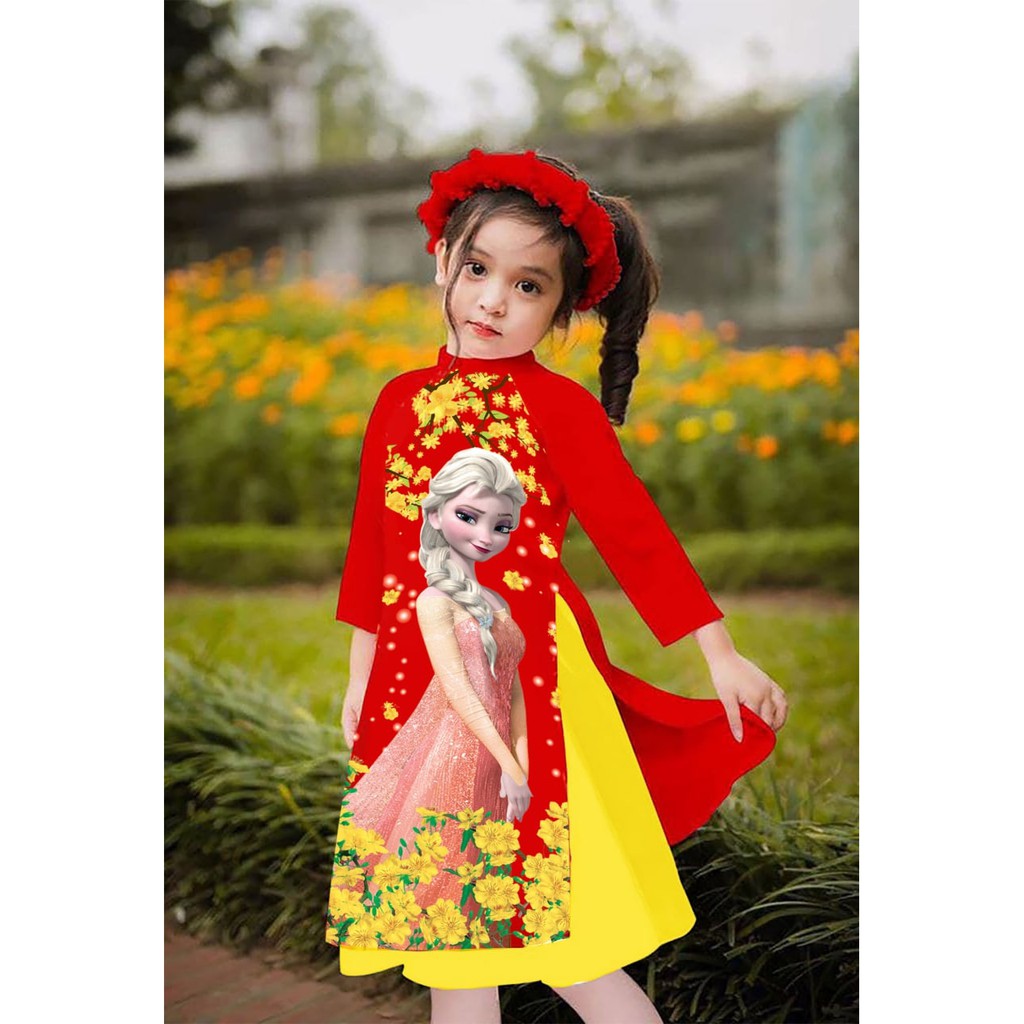 Áo Dài Cách Tân Hình Elsa Cho Bé Gái Kèm Chân Váy, Mấn Món Quà Quý Nhất Cho Bé Tết Này