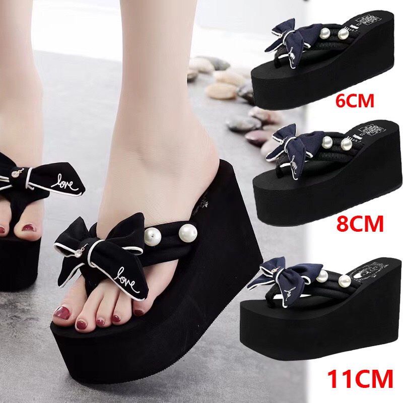 Dép Xỏ Ngón Nữ Đế Xuồng Cao Đính Nơ Chống Trượt Cho Mùa Du Lịch