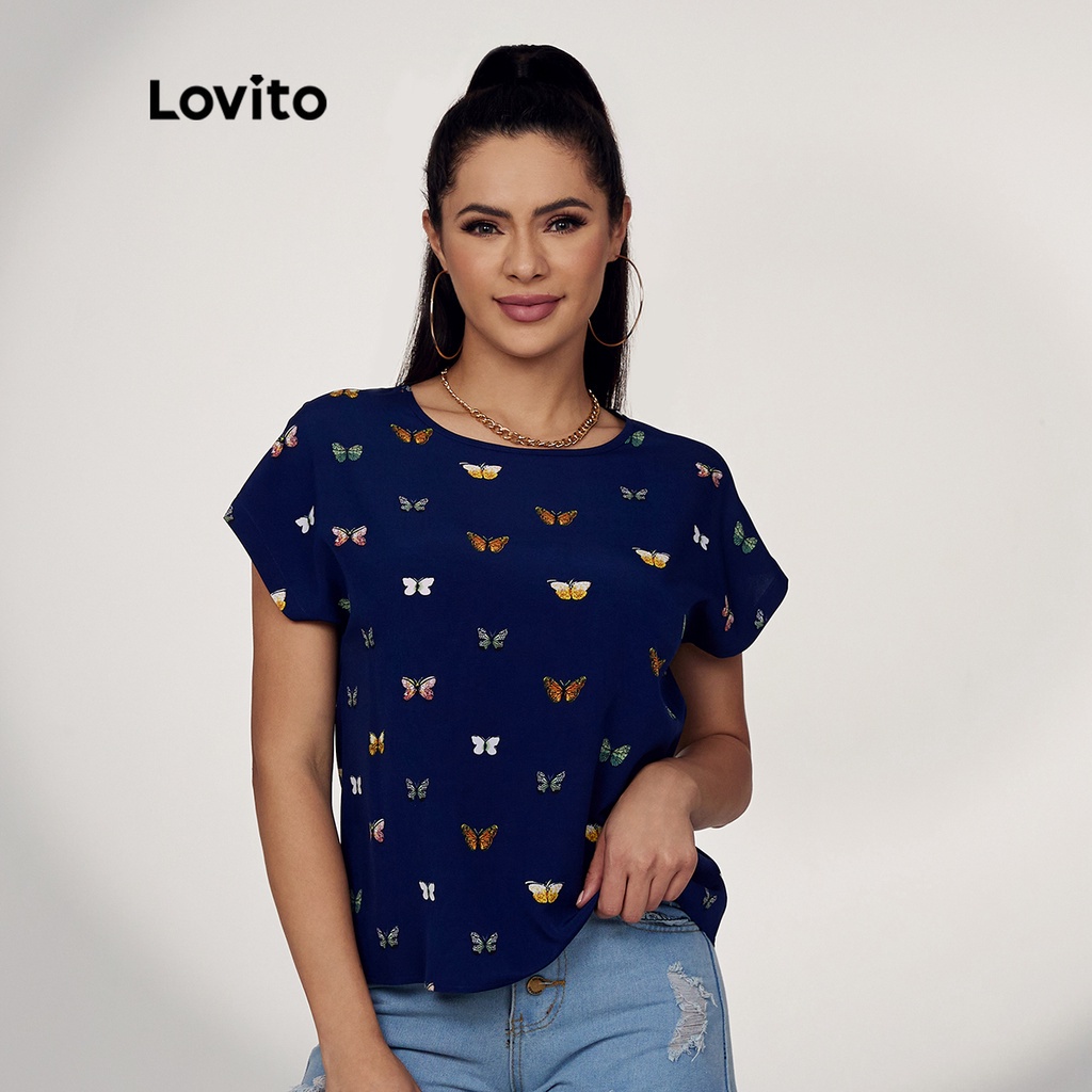 819 VN Delisted Áo kiểu Lovito cổ tròn in hình bướm phong cách thường ngày L17D003 (màu xanh dương)