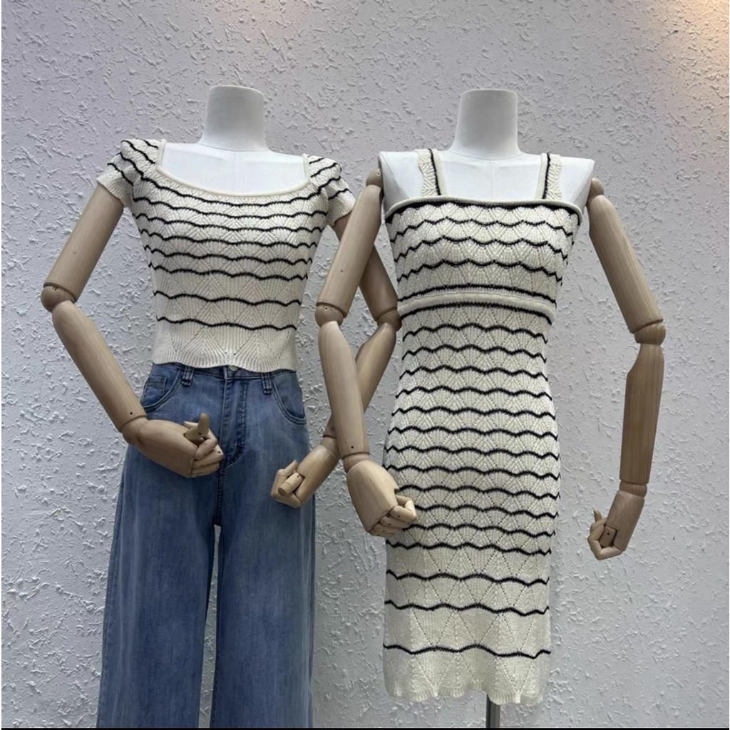 Set áo váy len mỏng viền họa tiết sóng đôi bạn thân
