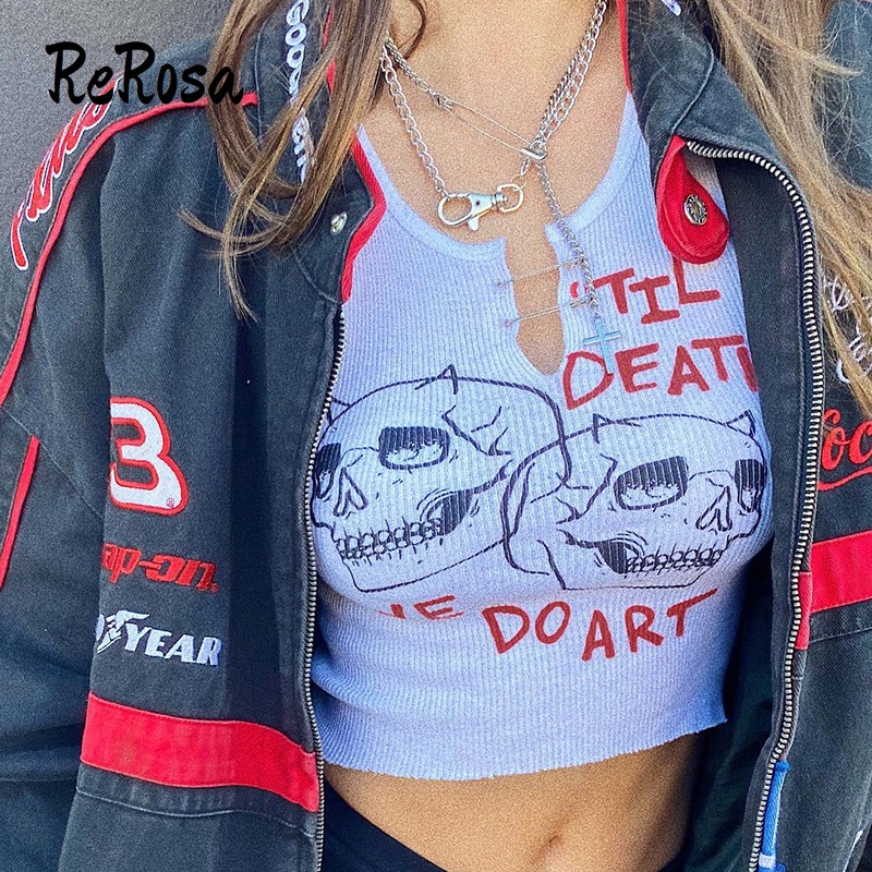Rerosa Áo Croptop Cổ Chữ V In Họa Tiết Đầu Lâu Có Kẹp Giấy Thời Trang Quyến Rũ Cho Nữ