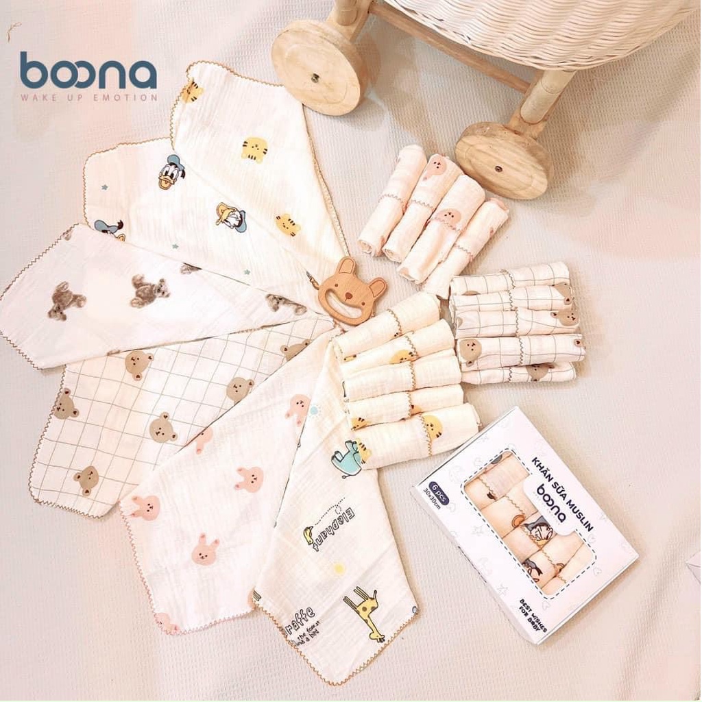 [CHÍNH HÃNG] Hộp 6 khăn sữa muslin mềm mại kích thước 30cm x 30cm họa tiết đáng yêu Boona