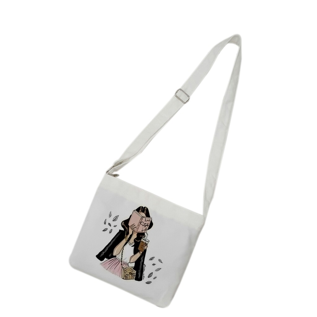 Túi tote mini đeo chéo vải canvas mềm, dày TROY in hình cô gái đọc sách Love style life