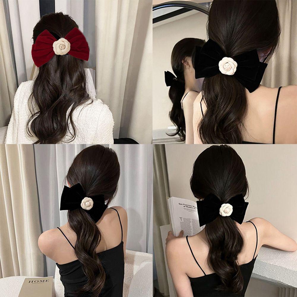 Kẹp Tóc Hình Nơ Vải Nhung Đính Hoa Trà Lớn Phong Cách Hàn Quốc Dễ Thương