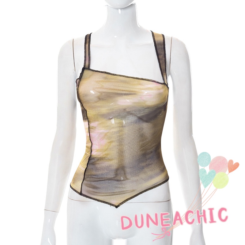 Áo Tank Top Phối Lưới In Họa Tiết Kiểu Dáng Quyến Rũ Cho Nữ