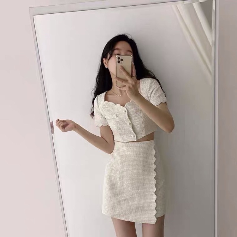 SET ÁO CROPTOP + CHÂN VÁY DẠ TWEET ULZZANG SIZE M
